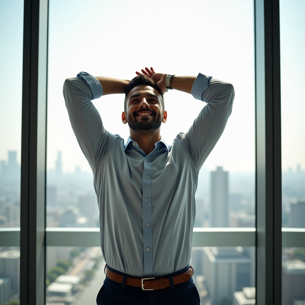 Wide shot of a professional stretching near a window during a short daily recovery break