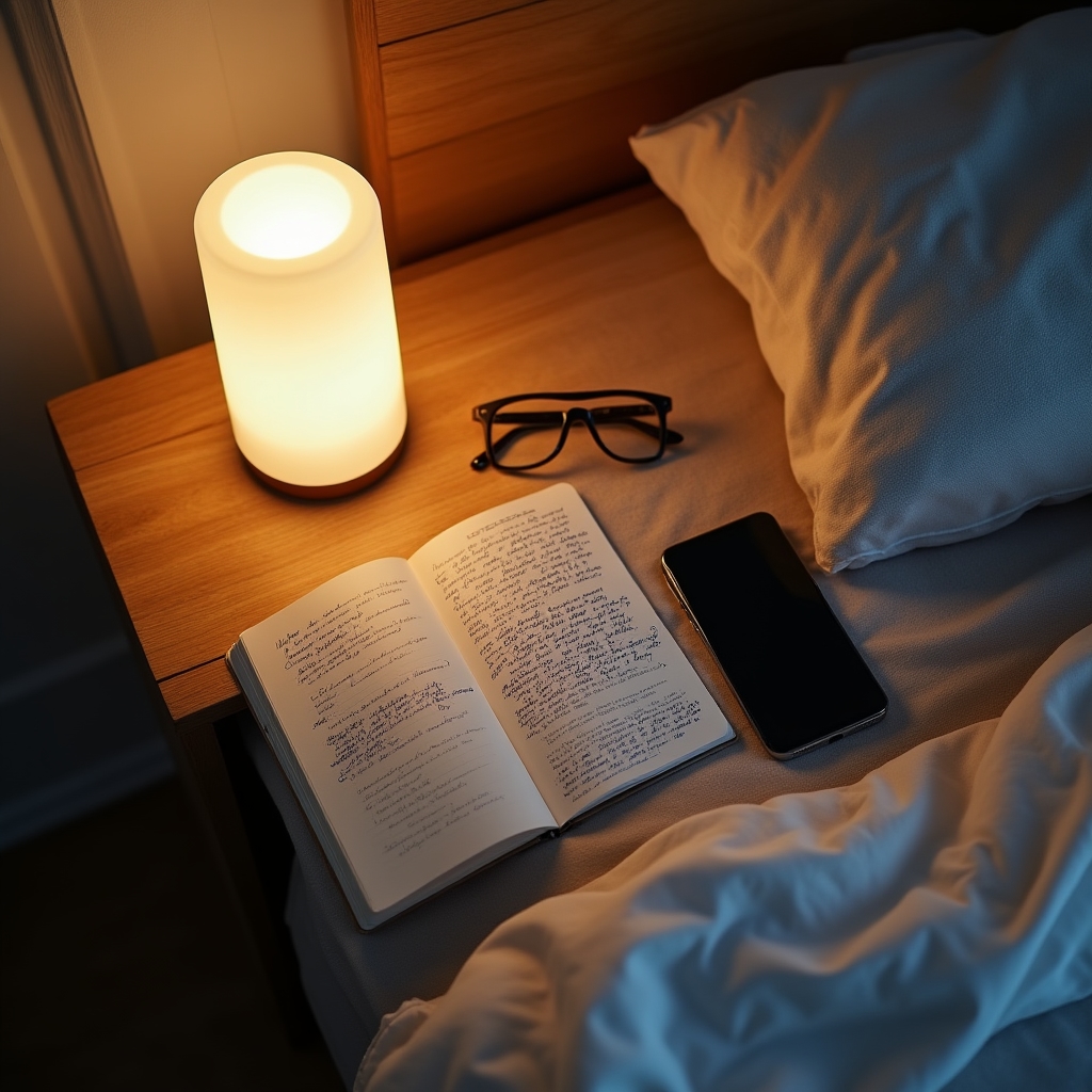 Overhead flat lay of an evening wind-down routine with a notebook, warm lamp light and a closed laptop