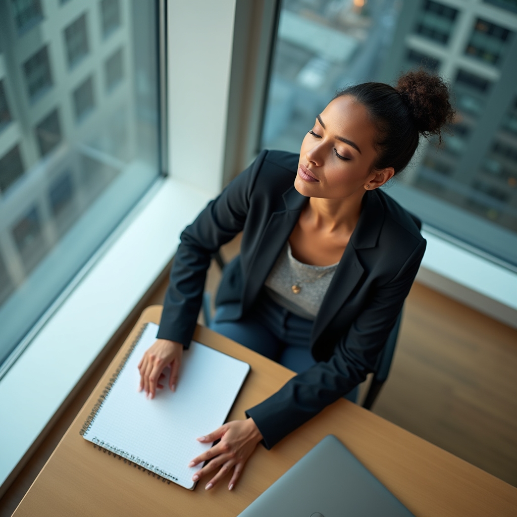Overhead view of a working professional pausing for a breathing break at a desk near a window