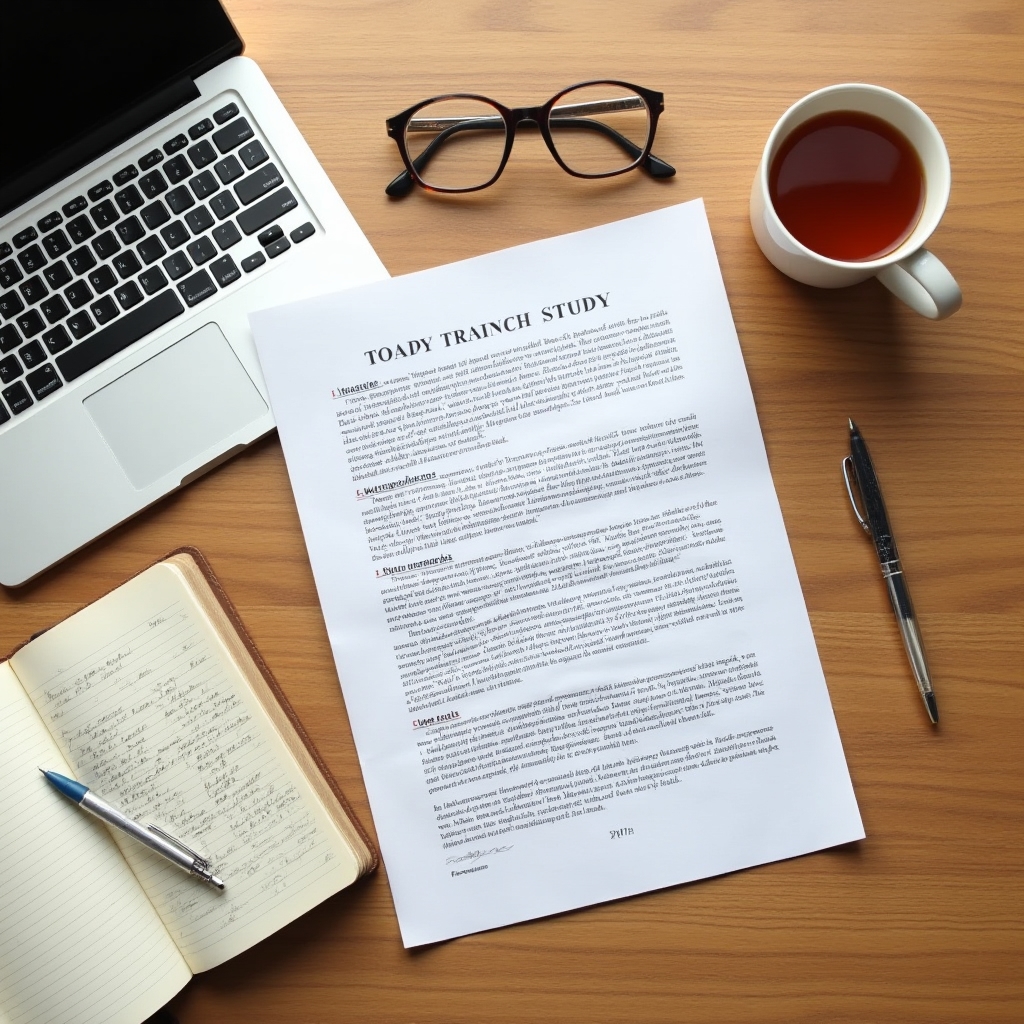 Overhead flat lay of research notes, a printed study, and a pen on a wooden desk